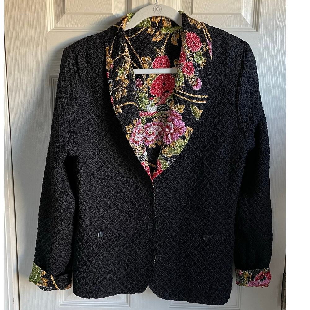 Tania Nardi Reversible Jacket Sz S Button Up Crinkle Texture Floral Black Artsy - Picture 2 of 10